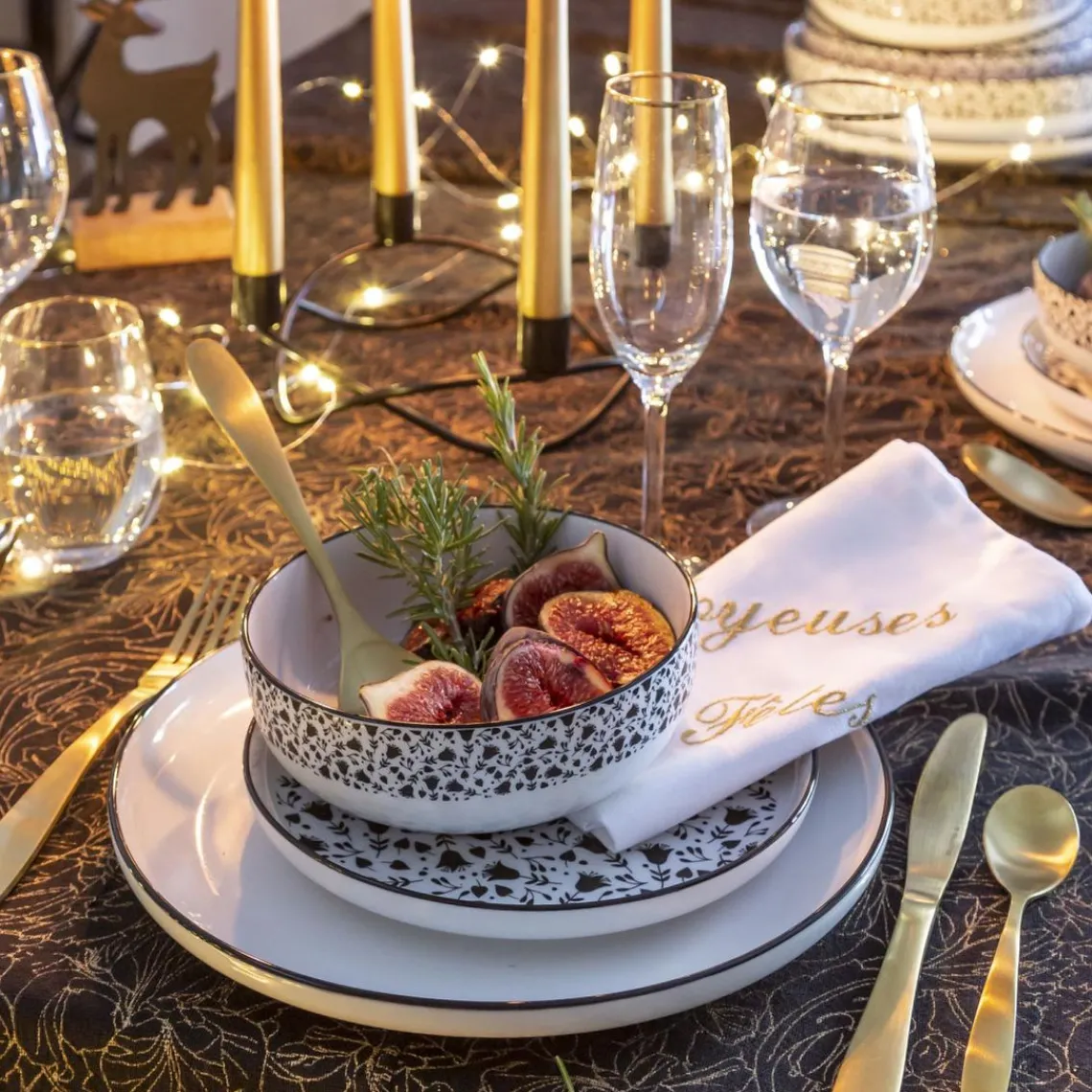 Becquet Lot de 4 assiettes creuses céramique BLACK FLOWERS Discount