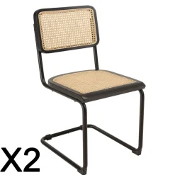 Macabane Lot de 2 chaises assise bois noir rotin naturel pieds métal PIERRE Clearance