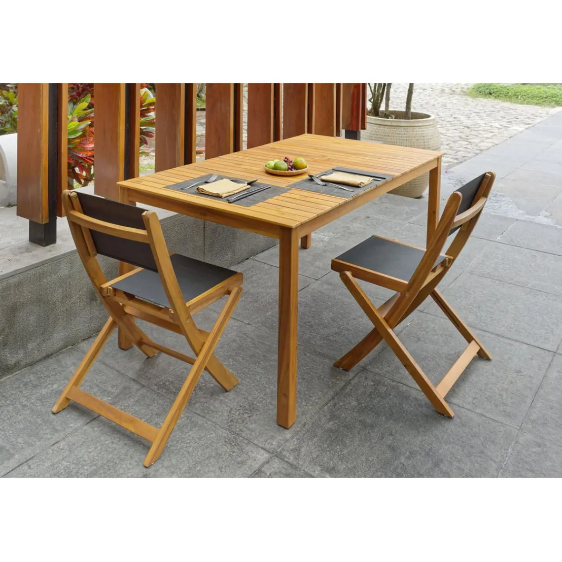 Nordlys Lot de 2 chaises de jardin en acacia massif et textilene Noir Clearance