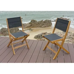 Nordlys Lot de 2 chaises de jardin en acacia massif et textilene Noir Clearance