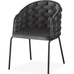 3S. x Home Lot de 4 chaises design au dossier arrondi style maillage Tricotane Velours Gris et Métal Noir Best