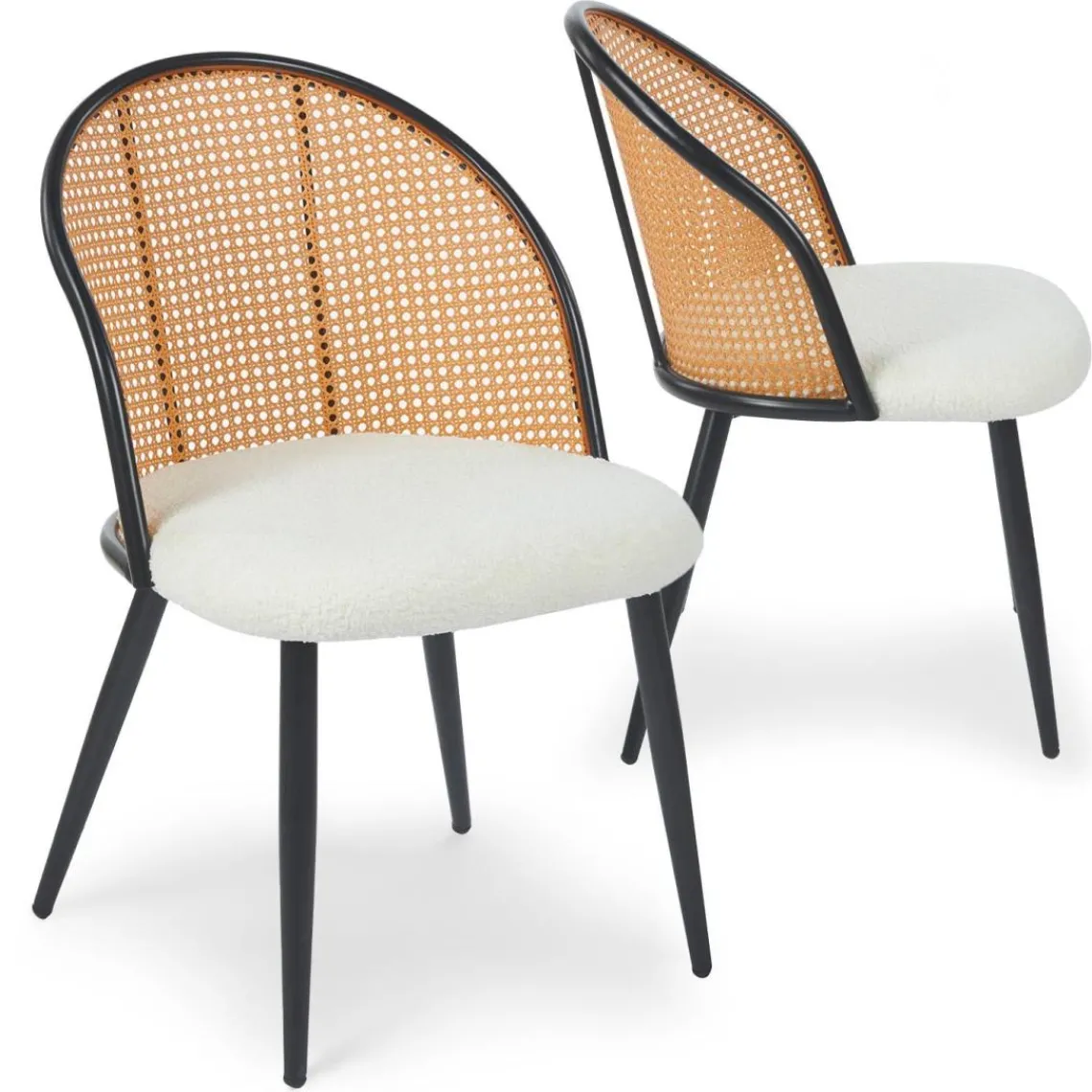 3S. x Home Lot de 2 chaises design Showan avec cannage Rotin et Tissu bouclette Crème Discount