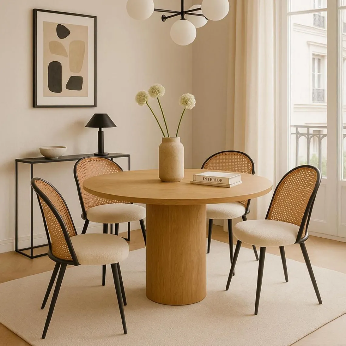 3S. x Home Lot de 2 chaises design Showan avec cannage Rotin et Tissu bouclette Crème Discount