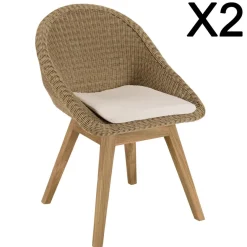 Macabane Lot de 2 chaises jardin rotin synthé. avec coussin pieds évasés KALLY Beige Outlet