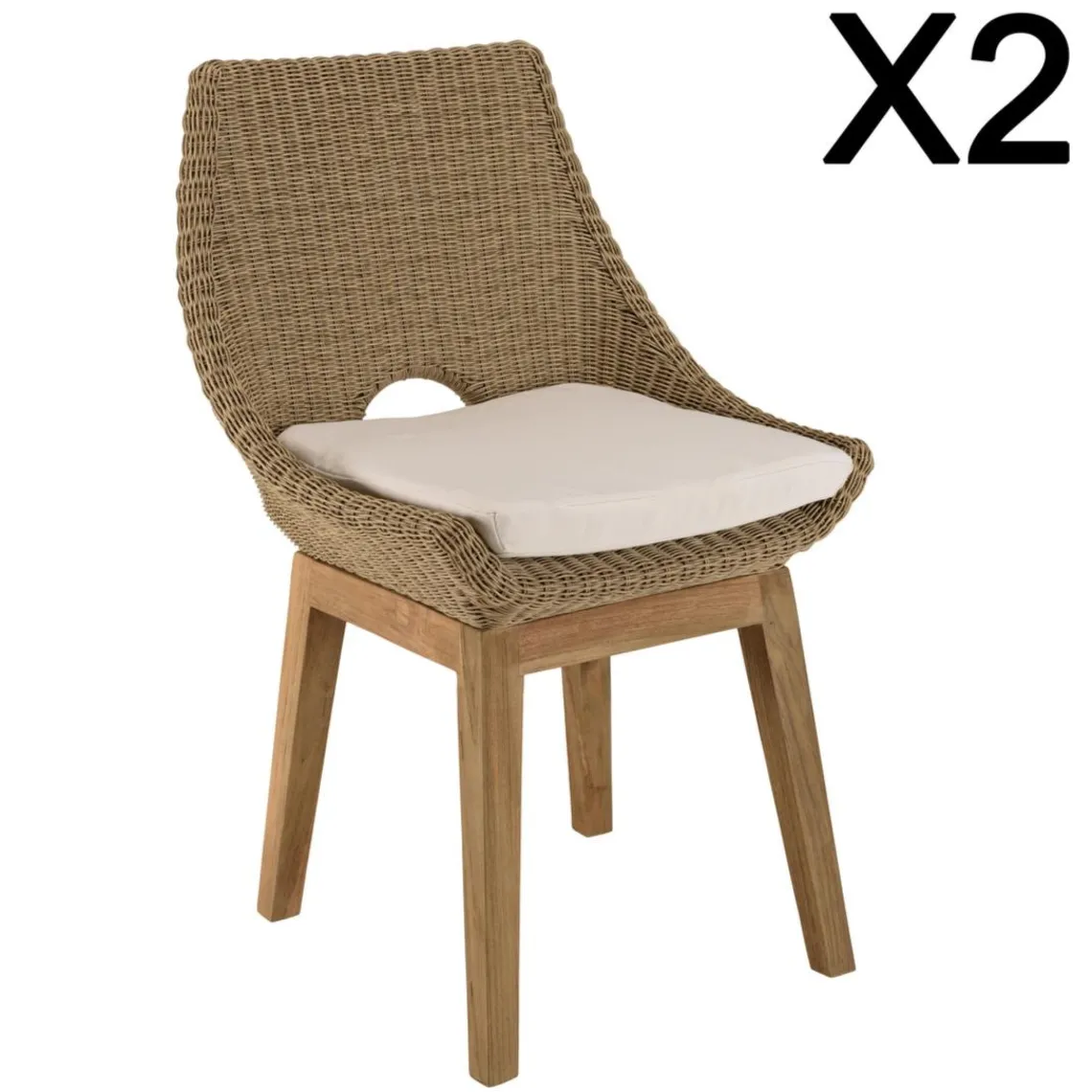 Macabane Lot de 2 chaises jardin rotin synthé. et coussin, pieds droits KALLY Beige