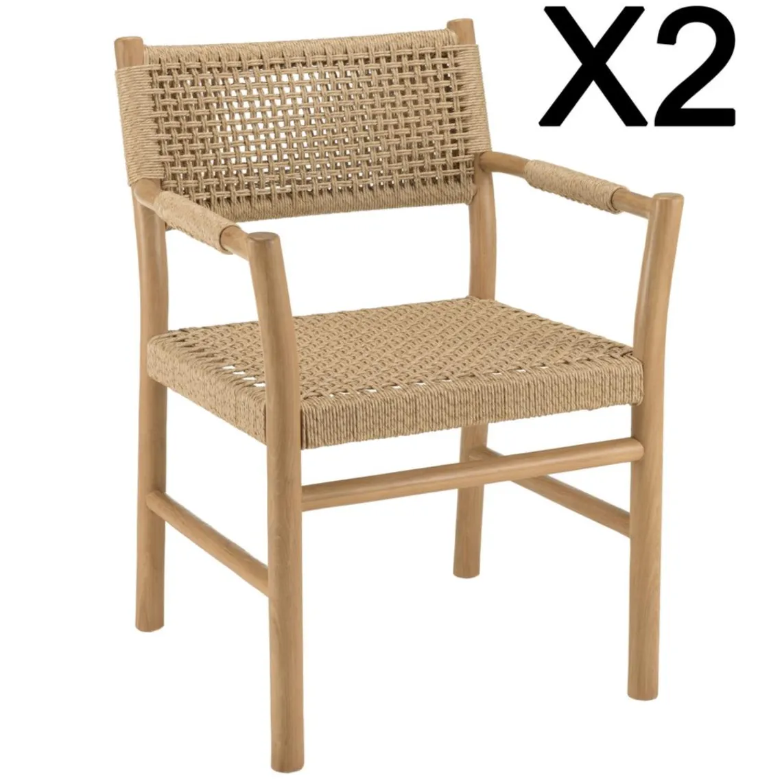 Macabane Lot de 2 fauteuils jardin accoudoirs teck rotin synthétique beige VALERIA