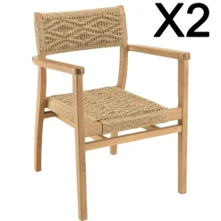 Macabane Lot de 2 fauteuils jardin teck rotin synthétique motif losange VALERIA
