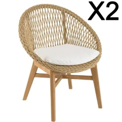 Macabane Lot de 2 fauteuils jardin arrondi teck rotin synthétique et coussin VALERIA Sale