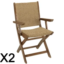 Macabane Lot de 2 fauteuils pliants acacia huilé et rotin synthétique VICK