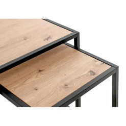 3S. x Home Lot de 2 tables d'appoint métal noir laqué plateau décor chène New