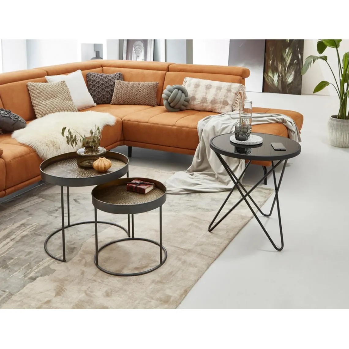 3S. x Home Lot de 2 tables d'appoint plateau métal cuivre