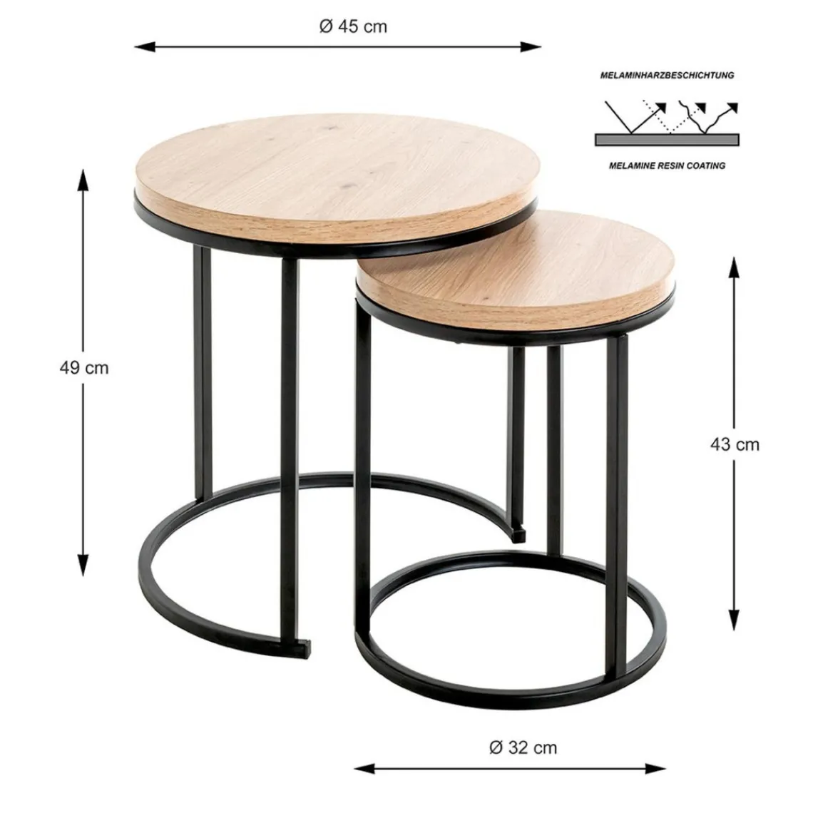 3S. x Home Lot de 2 tables d'appoint ronde plateau en décor chène New