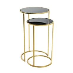 3S. x Home Lot de 2 tables d'appoint rondes Noir et Or avec plateaux en verre trempé et pieds en Métal Online