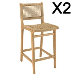 Macabane Lot de 2 tabourets bar de jardin teck rotin synthétique beige VALERIA