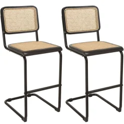 Macabane Lot de 2 tabourets d'ilot bois noir rotin naturel pieds métal PIERRE Sale