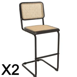 Macabane Lot de 2 tabourets d'ilot bois noir rotin naturel pieds métal PIERRE Sale