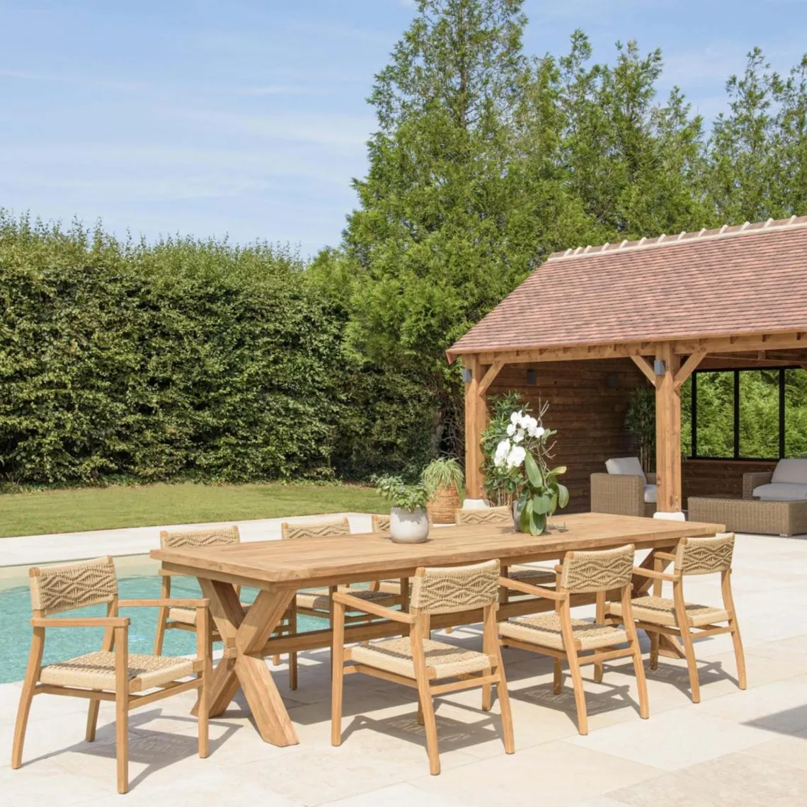 Macabane Lot n°8 Salon de jardin teck recyclé rotin synthétique 8 à 10 personnes VALERIA Discount