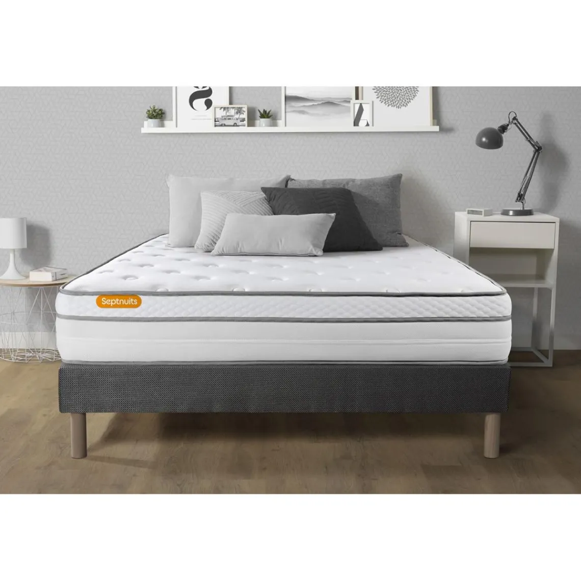 Septnuits Matelas sommier gris Luxe Ressorts ensaches memoire de forme 5 zones de confort MAXI epaisseur Hot