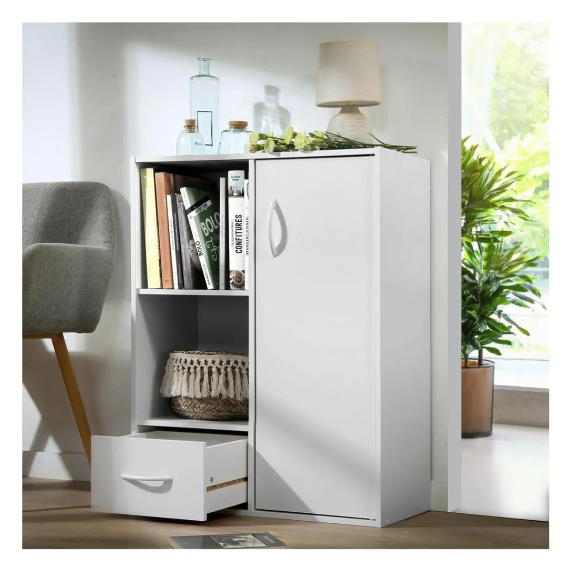 Calicosy Meuble à 4 cases avec 1 porte et 1 tiroir en bois blanc Sale