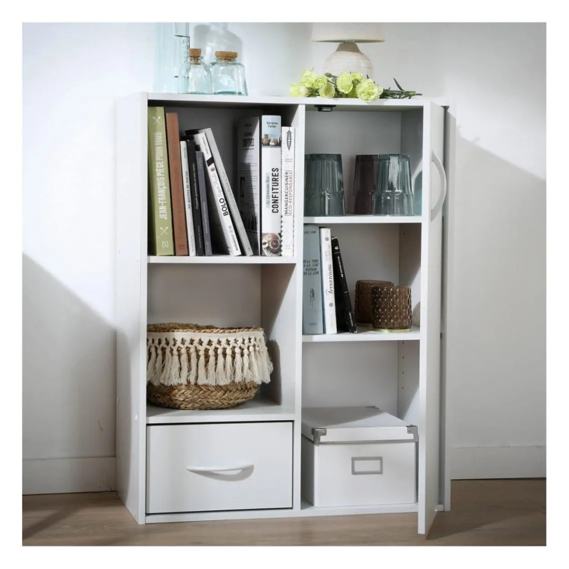 Calicosy Meuble à 4 cases avec 1 porte et 1 tiroir en bois blanc Sale