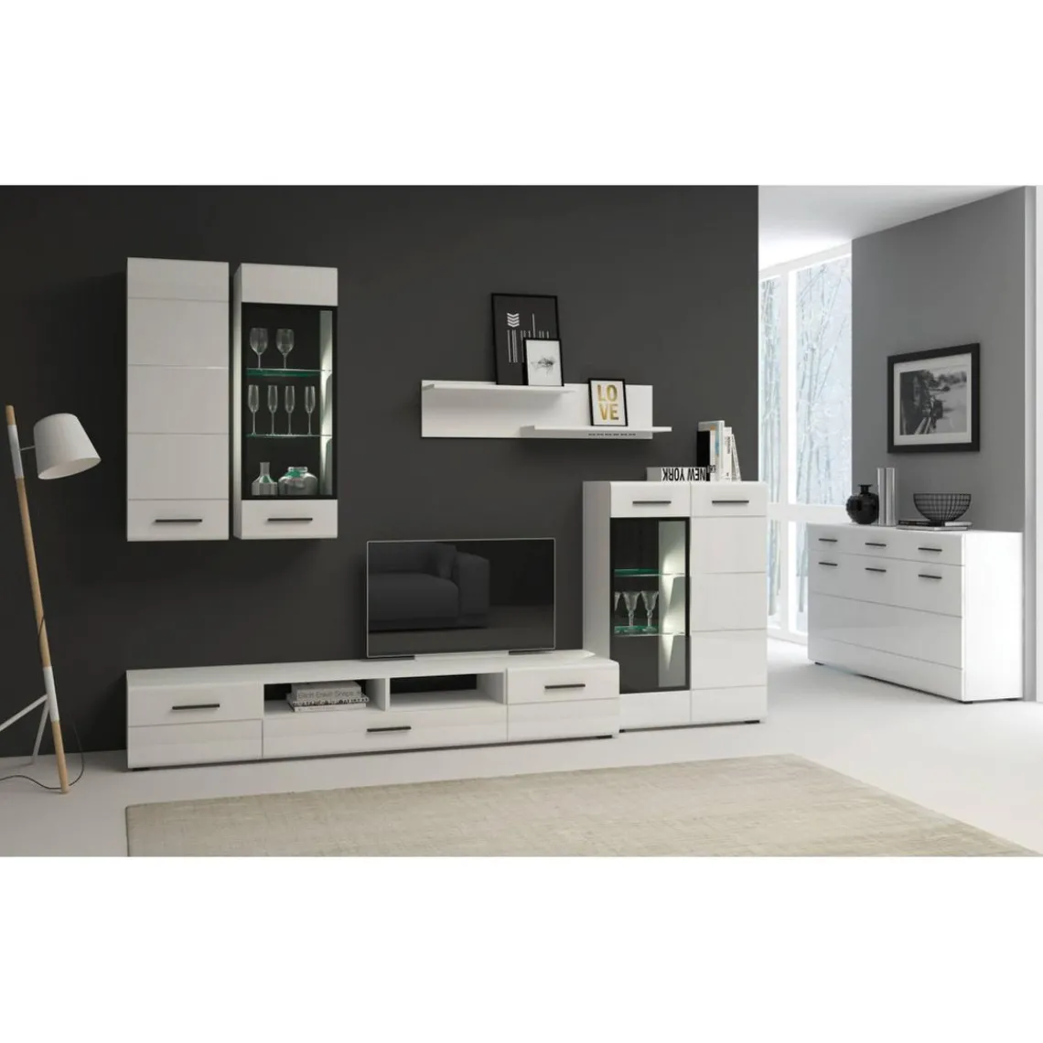 3S. x Home Meuble à étagères avec porte vitrée L38xH110cm Blanc brillant