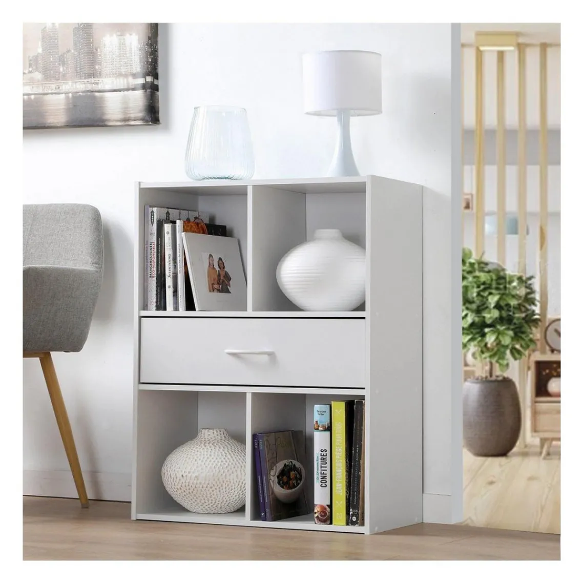 Calicosy Meuble banc à 4 cases avec 1 tiroir en bois Blanc Online