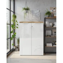 3S. x Home Meuble de bureau bas 2 portes 2 étagères avec serrure à clé poigné métal EASY Clearance