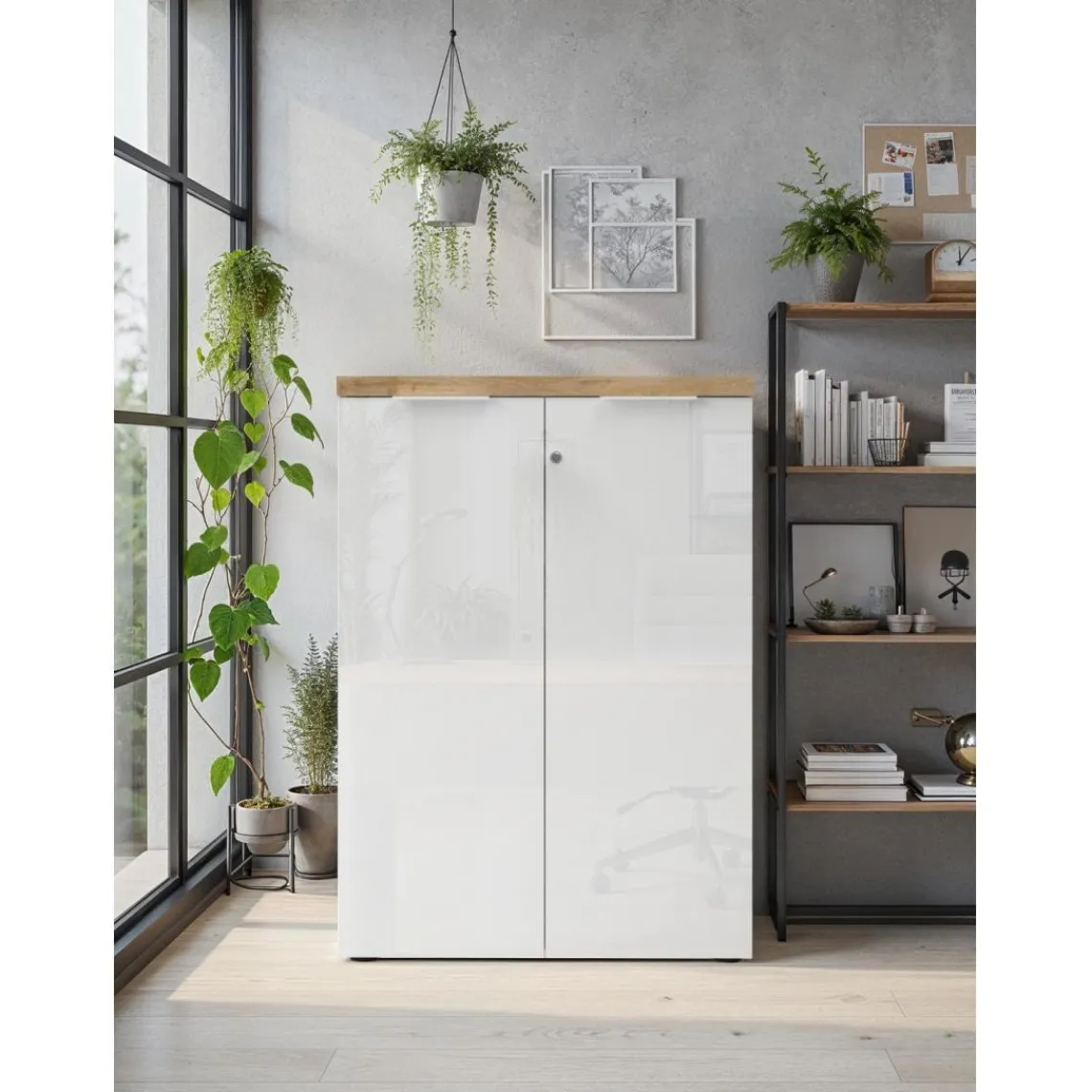 3S. x Home Meuble de bureau bas 2 portes 2 étagères avec serrure à clé poigné métal EASY Clearance