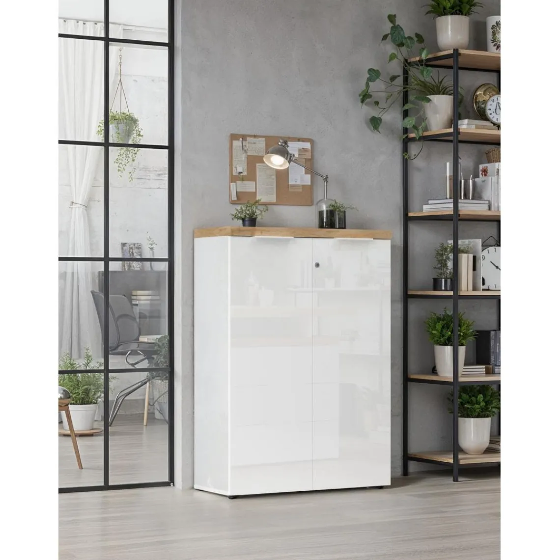 3S. x Home Meuble de bureau bas 2 portes 2 étagères avec serrure à clé poigné métal EASY Clearance
