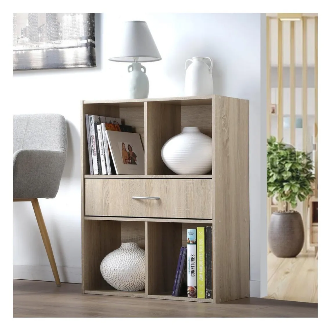 Calicosy Meuble de rangement à 4 cases avec 1 tiroir Beige Discount