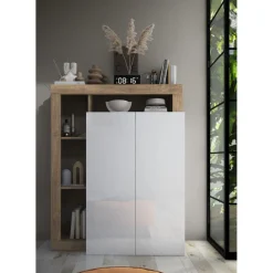 3S. x Home Meuble de rangement Ancona 2 Portes coloris Chêne façade Blanc laqué Brillant New