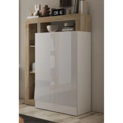 3S. x Home Meuble de rangement Ancona 2 Portes coloris Chêne façade Blanc laqué Brillant New