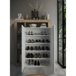 3S. x Home Meuble de rangement Ancona 2 Portes coloris Chêne façade Blanc laqué Brillant New