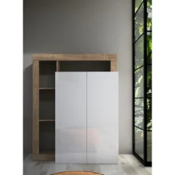 3S. x Home Meuble de rangement Ancona 2 Portes coloris Chêne façade Blanc laqué Brillant New