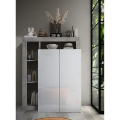 3S. x Home Meuble de rangement Ancona 2 Portes effet béton façacde Blanc laqué Brillant