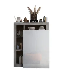 3S. x Home Meuble de rangement Ancona 2 Portes effet béton façacde Blanc laqué Brillant