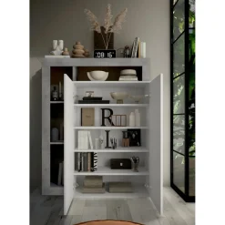 3S. x Home Meuble de rangement Ancona 2 Portes effet béton façacde Blanc laqué Brillant