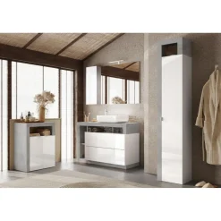 3S. x Home Meuble de rangement salle de bain 2 Portes effet béton façade blanc L64xH78 cm Hot