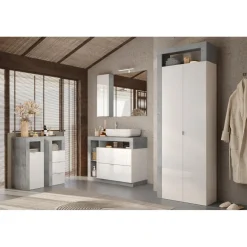 3S. x Home Meuble de rangement salle de bain 1 Porte effet béton façade blanc laqué L35xH78 cm New