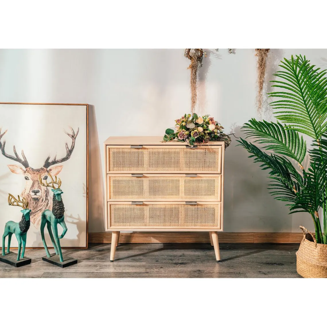 3S. x Home Meuble de Rangement Scandinave 3 Tiroirs Cannage en Bois MANILLA Sale