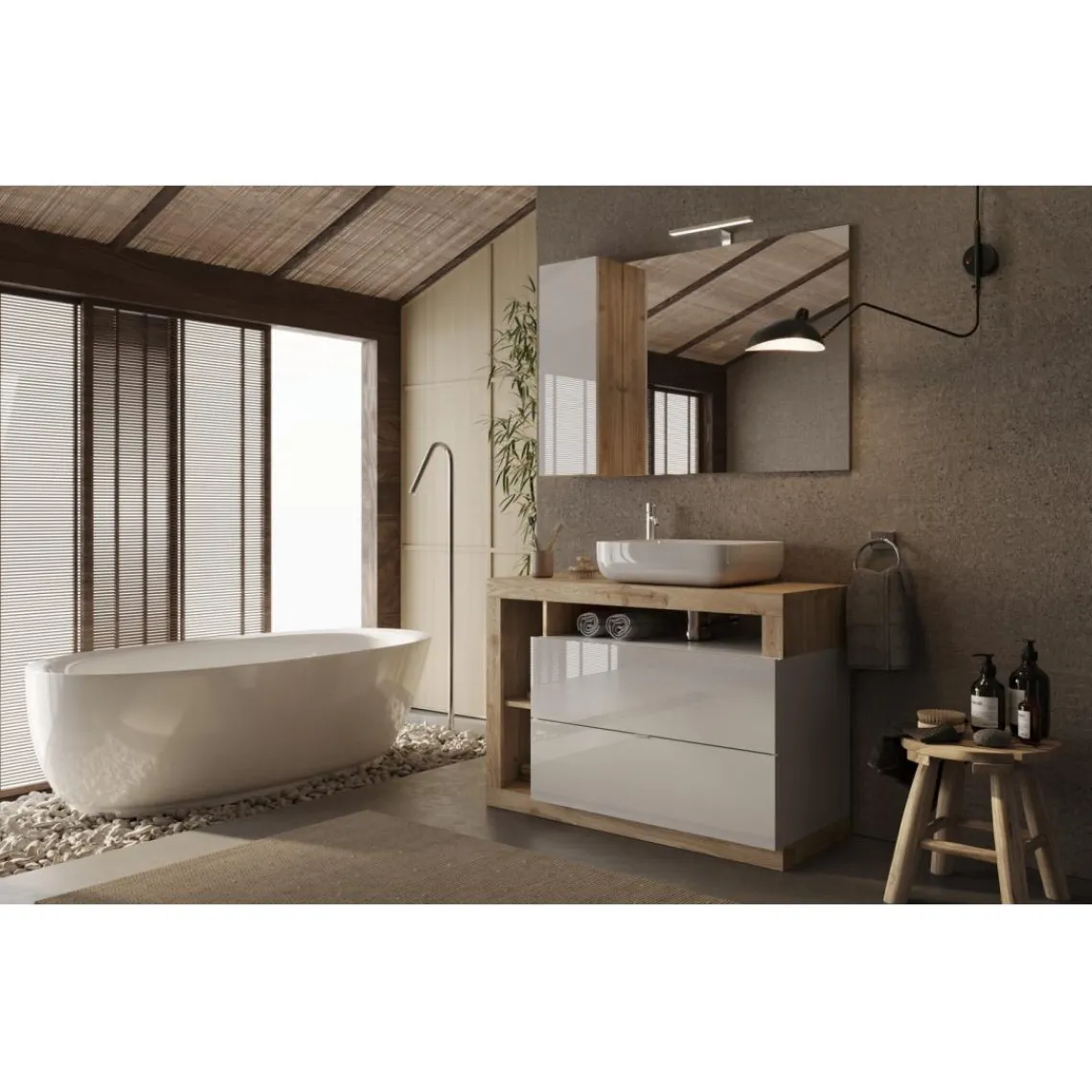 3S. x Home Meuble salle de bain Ancona sur pieds 2 Tiroirs 3 niches vasque à poser Hot