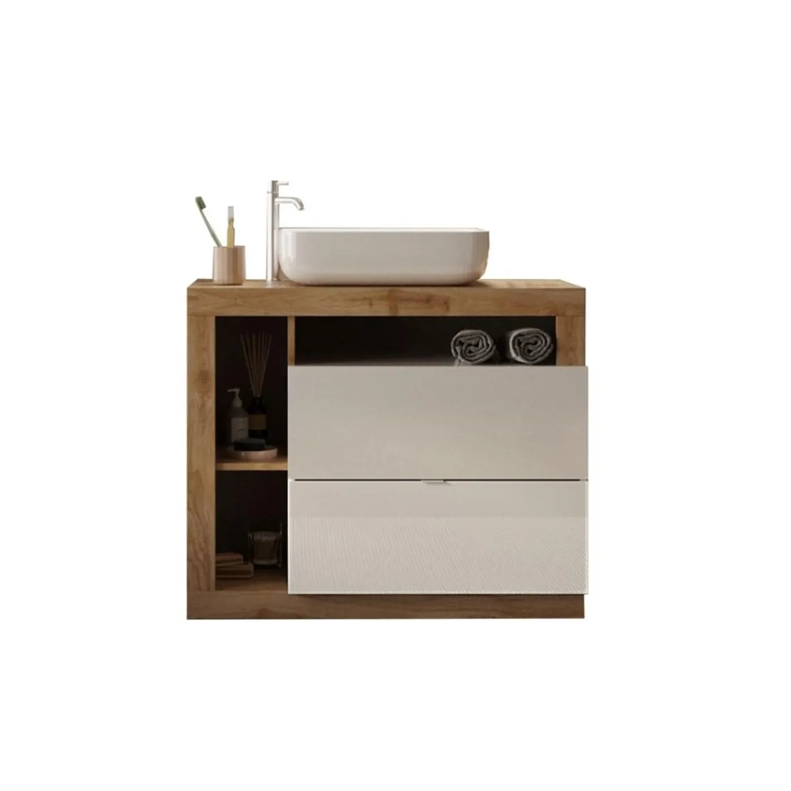 3S. x Home Meuble salle de bain Ancona sur pieds 2 Tiroirs 3 niches vasque à poser Hot