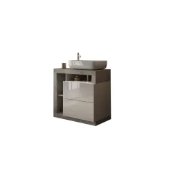 3S. x Home Meuble salle de bain sur pieds Ancona coloris Béton 2 Tiroirs 3 niches 78 cm