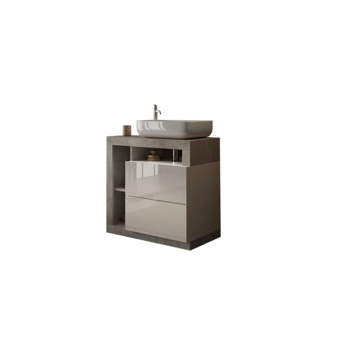 3S. x Home Meuble salle de bain sur pieds Ancona coloris Béton 2 Tiroirs 3 niches 78 cm