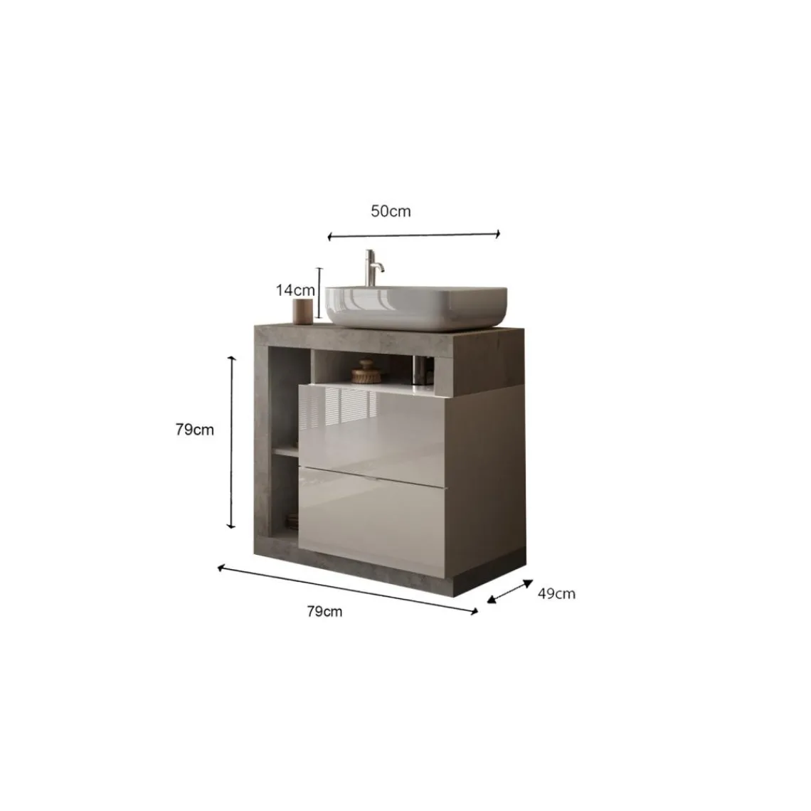 3S. x Home Meuble salle de bain sur pieds Ancona coloris Béton 2 Tiroirs 3 niches 78 cm