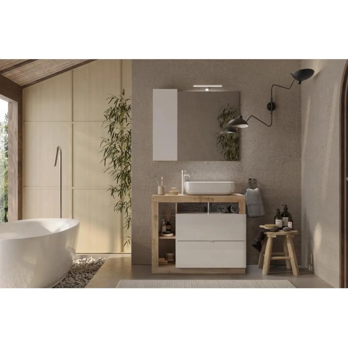 3S. x Home Meuble salle de bain sur pieds Ancona 2 Tiroirs 3 niches Clearance