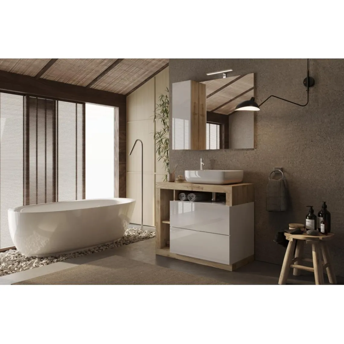 3S. x Home Meuble salle de bain sur pieds Ancona 2 Tiroirs 3 niches Clearance