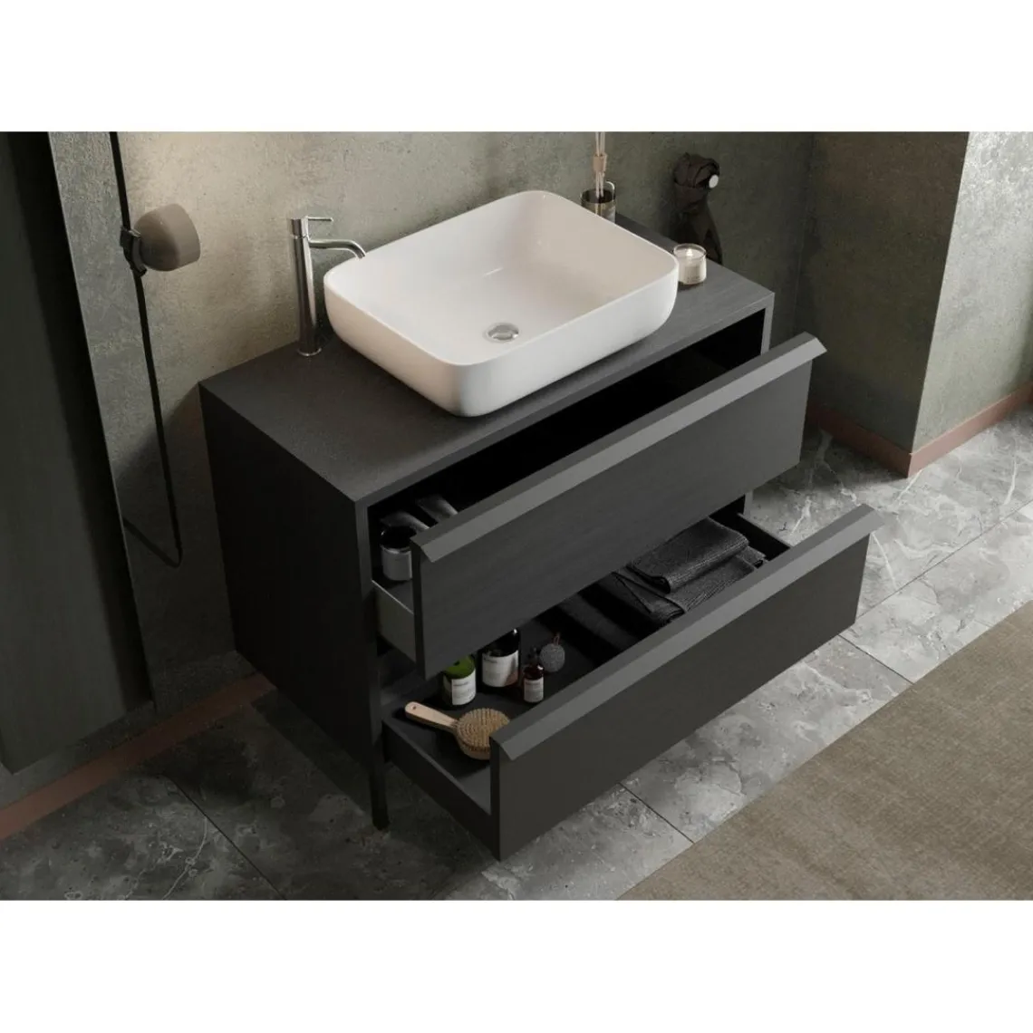 3S. x Home Meuble salle de bain sur pieds coloris Frêne Noir Sale