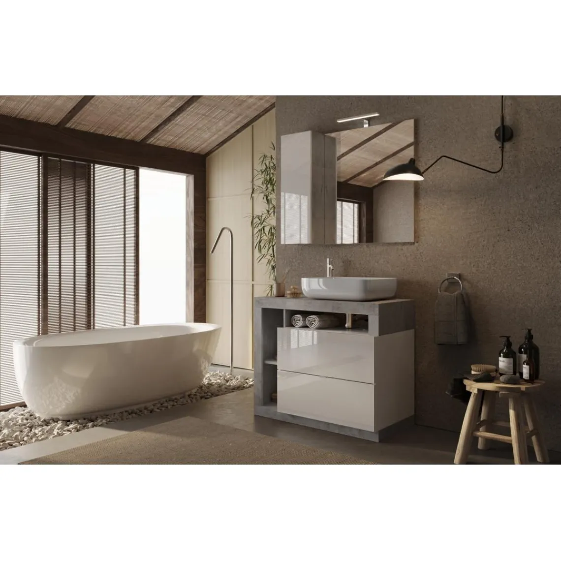 3S. x Home Meuble salle de bain sur pieds coloris Béton 92 cm Ancona Sale