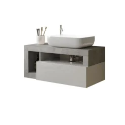 3S. x Home Meuble salle de bain suspendu Ancona coloris Béton 1 Tiroir et 2 niches vasque à poser 92 cm Sale